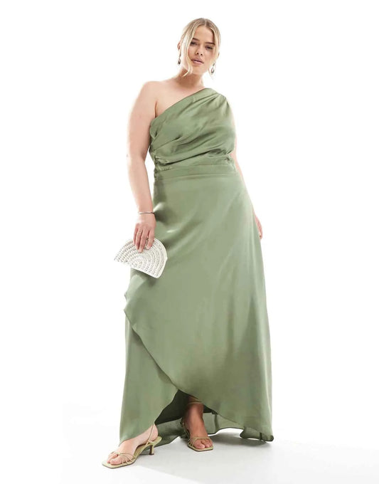 TFNC Plus Bridesmaid one shoulder satin maxi dress with wrap skirt in dark green