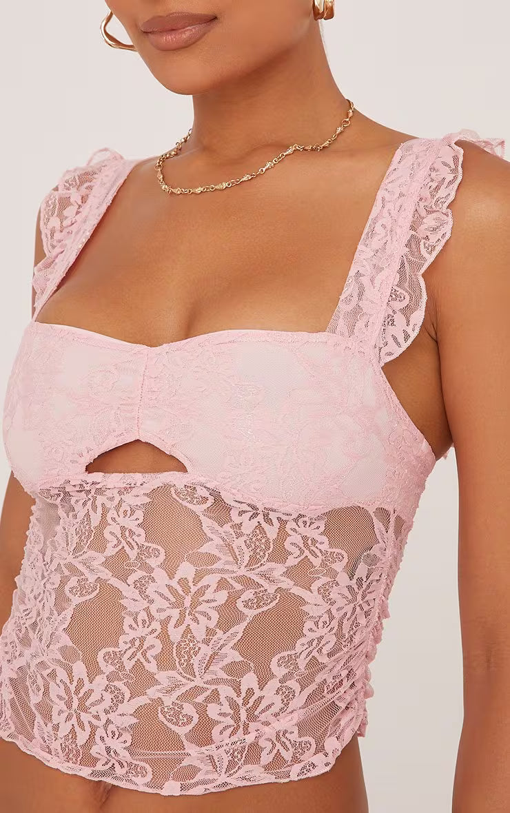 Ego - Strappy Cut Out Front Crop Top In Pink Lace