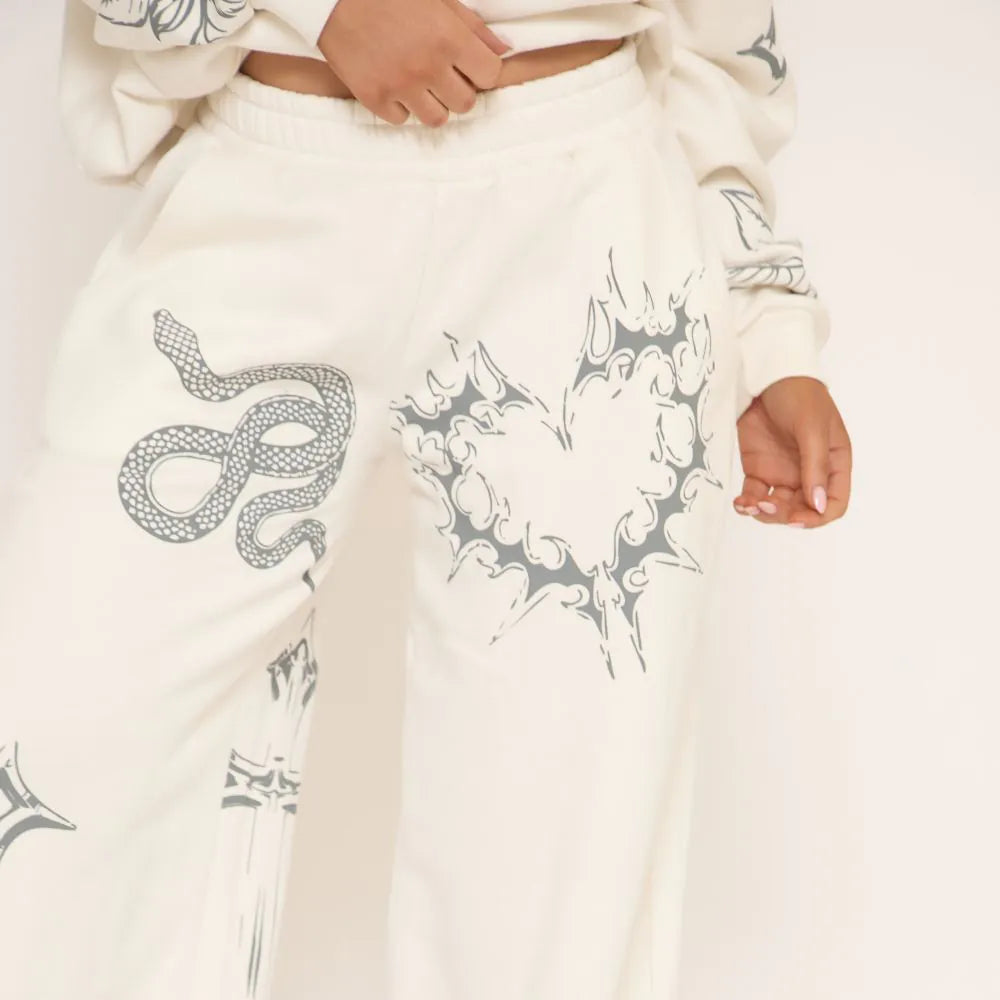 High Waist Contrast Print Detail Wide Leg Joggers In Cream