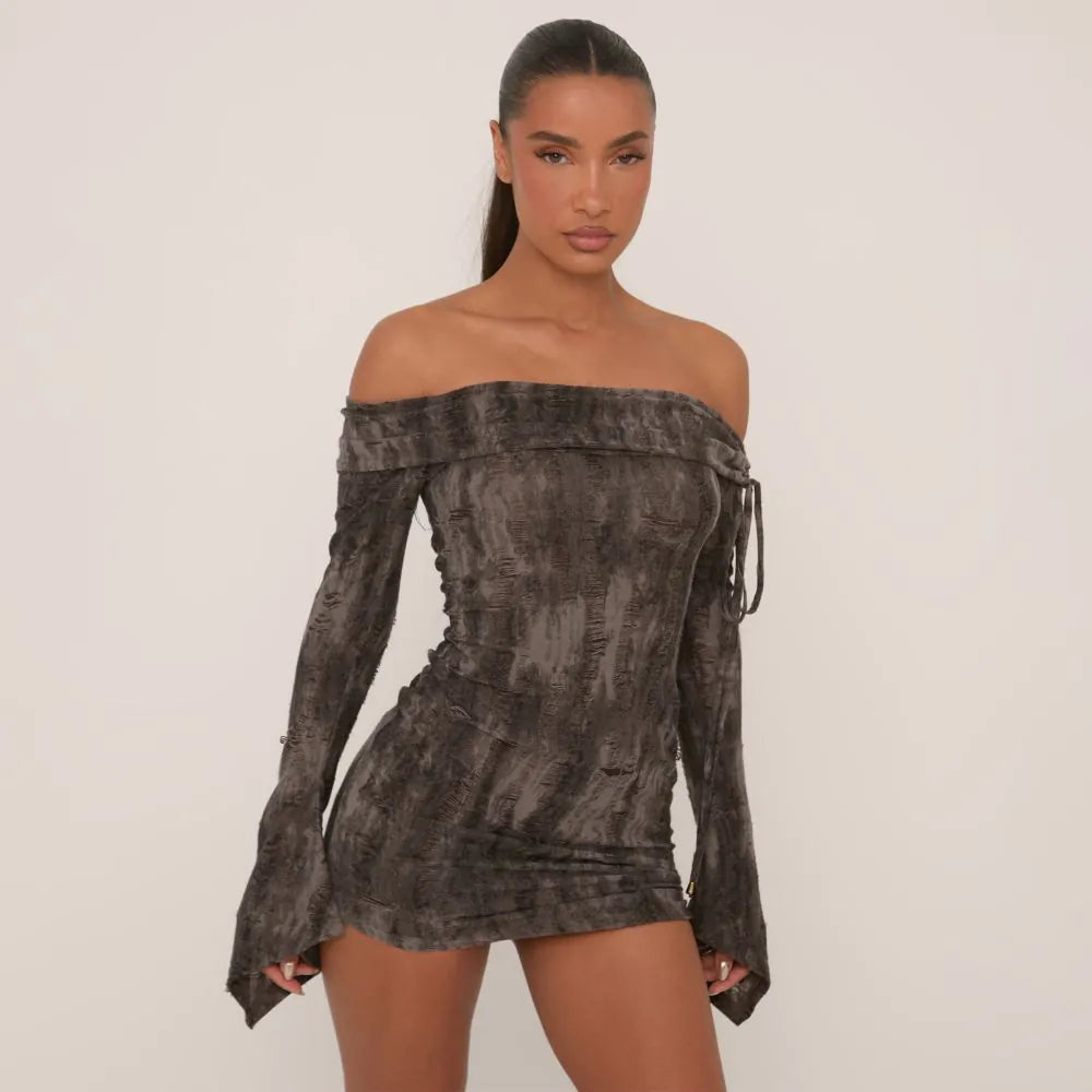 Bardot Long Sleeve Ruched Hem Distressed Mini Bodycon Dress In Black