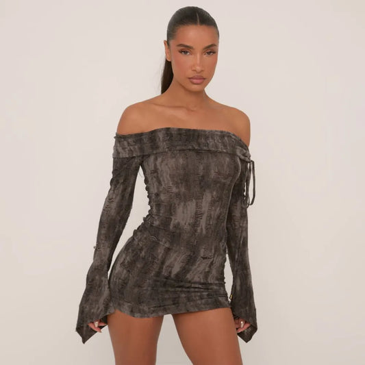 Bardot Long Sleeve Ruched Hem Distressed Mini Bodycon Dress In Black