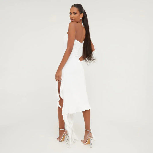 Bandeau Frill Rose Maxi Mesh Dress In White