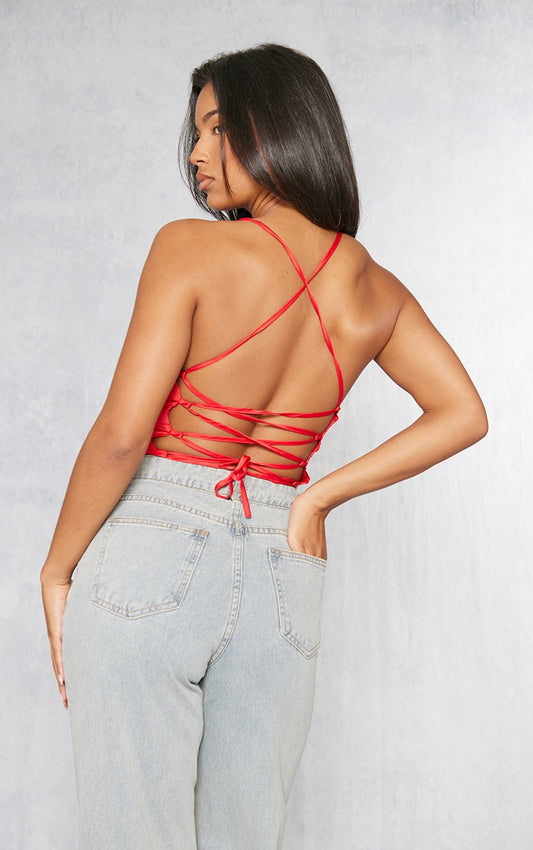 Red Satin Strappy Back Cowl Neck Cami