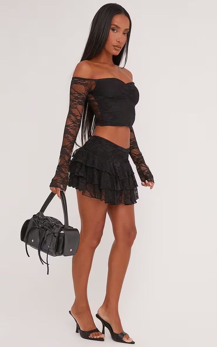 Ego - Low Rise Frill Detail Layered Mini Skirt In Black Lace
