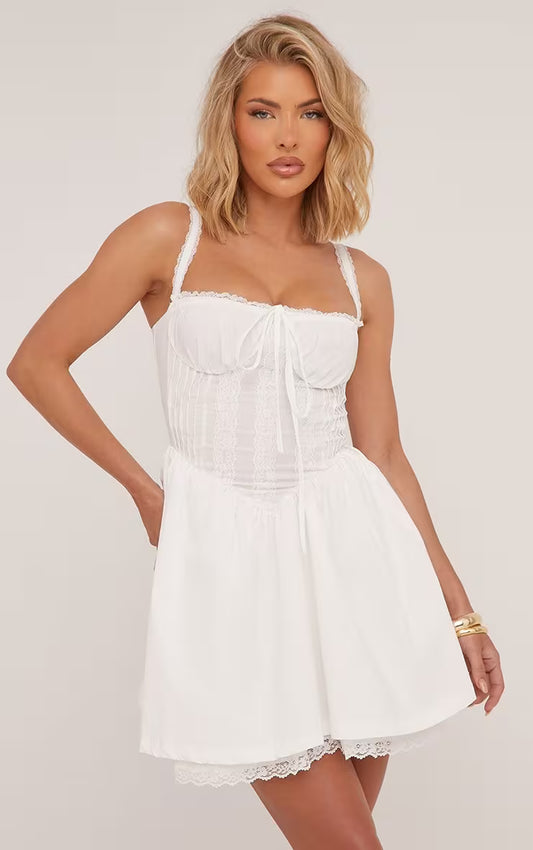 Ego - Strappy Square Neck Lace Trim Corseted Mini Skater Dress In White