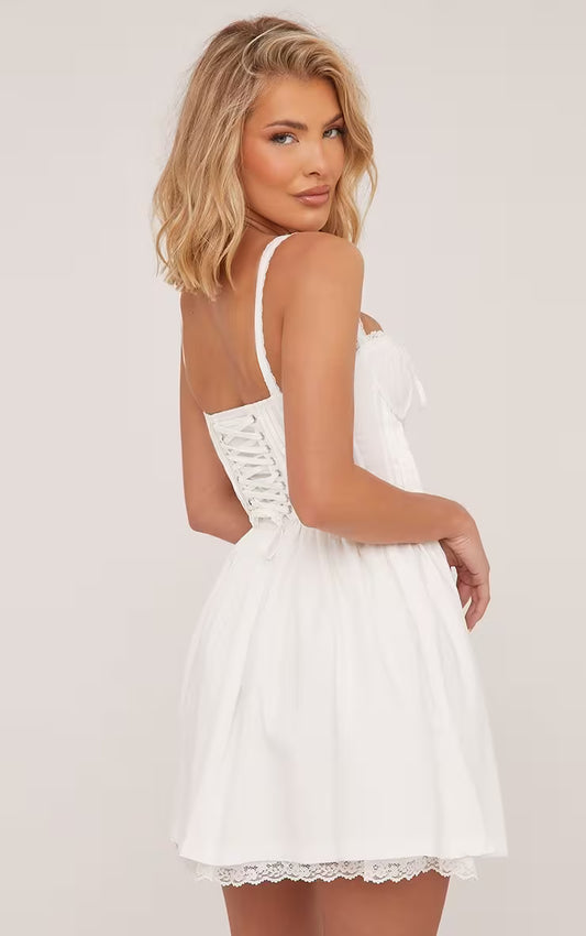 Ego - Strappy Square Neck Lace Trim Corseted Mini Skater Dress In White