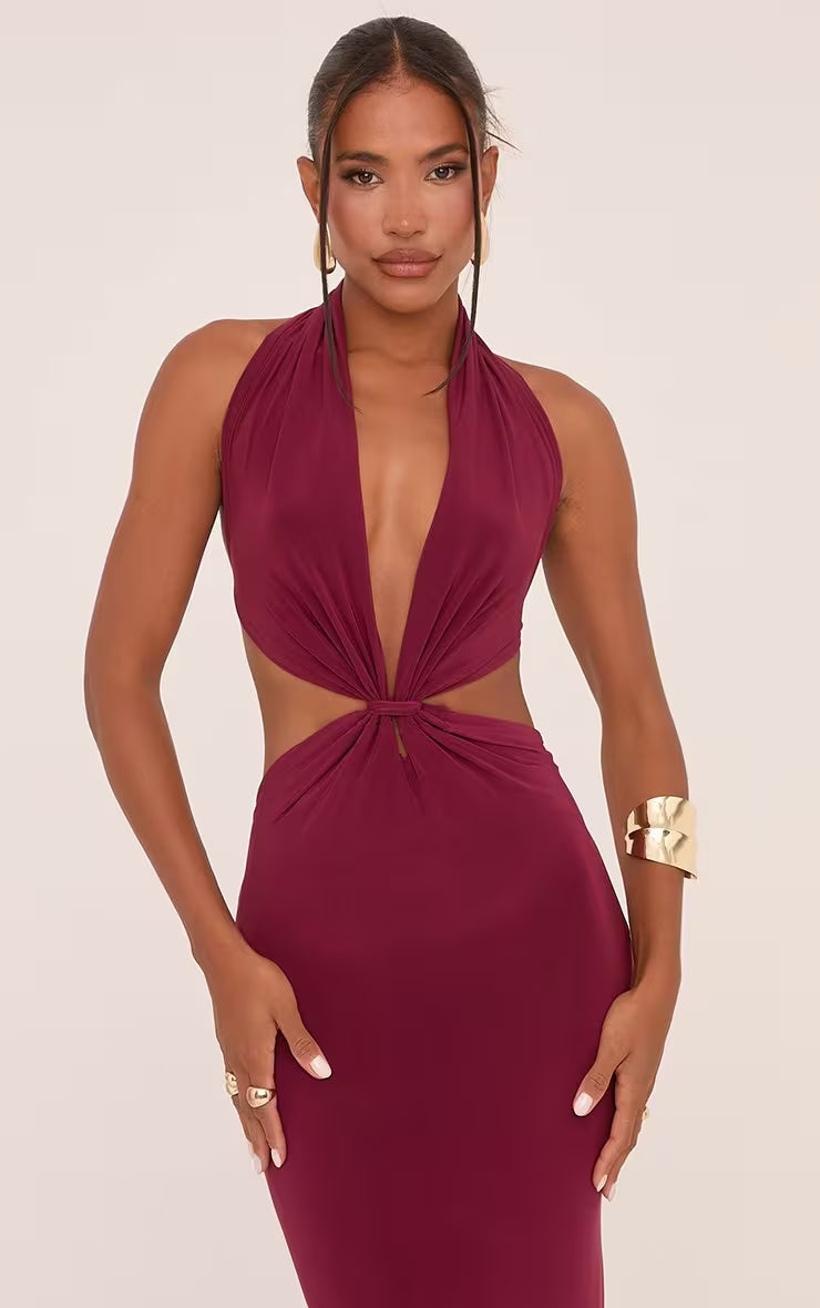 Ego - Plunge Halterneck Knot Front Maxi Dress In Wine Slinky