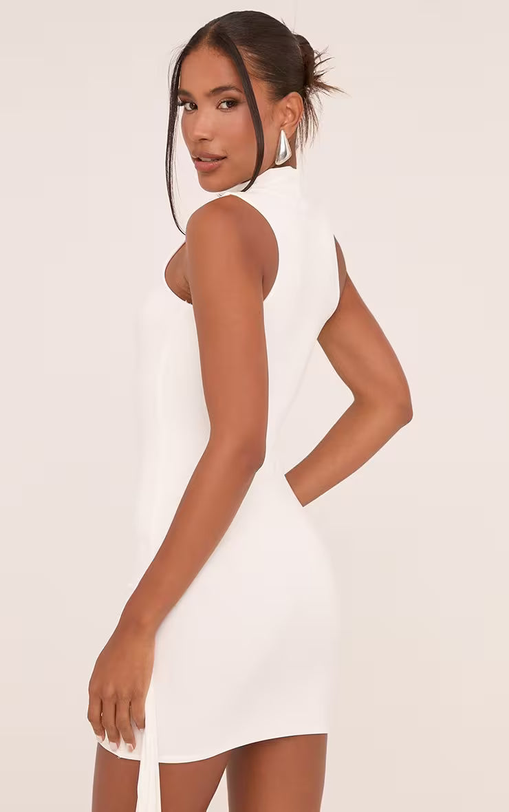 Ego - High Neck Drape Detail Mini Dress In Cream Slinky