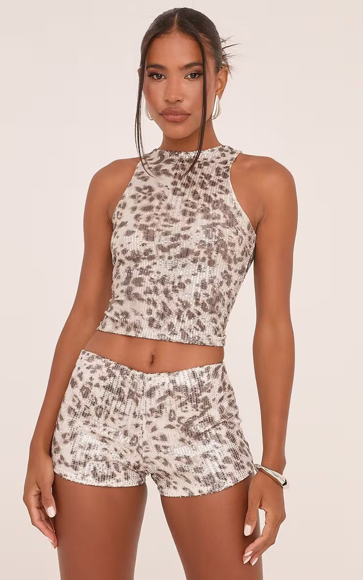 High Neck Racer Crop Top In Leopard Print Sequin