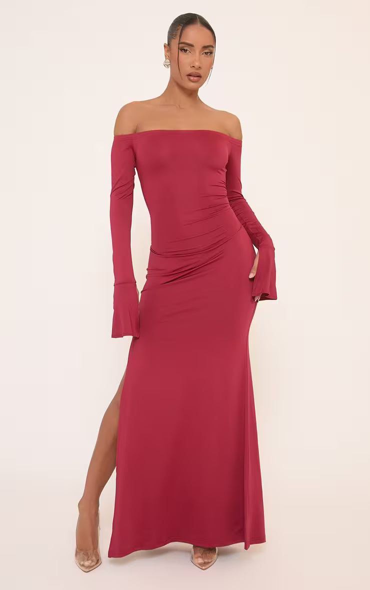 Ego - long sleeve bardot lace up back maxi dress burgundy