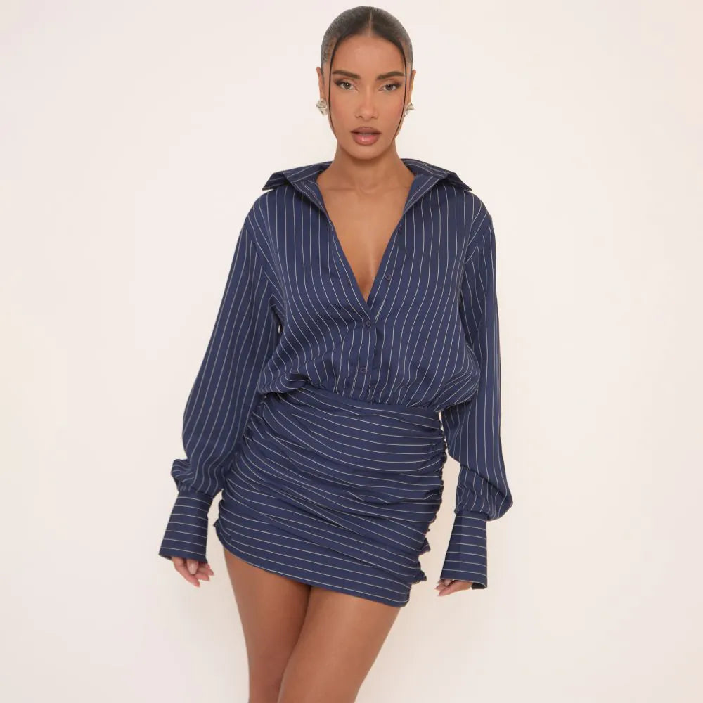 Long Sleeve Ruched Mini Shirt Dress In Blue Pinstripe