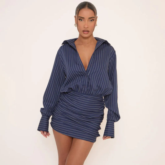 Long Sleeve Ruched Mini Shirt Dress In Blue Pinstripe