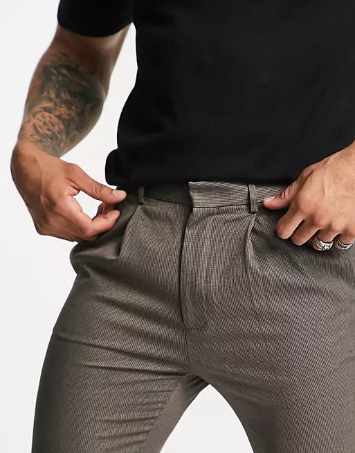 Tapered Smart Pants In Textured Camel With Turn Up