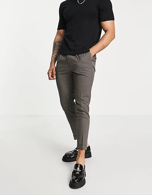 Tapered Smart Pants In Textured Camel With Turn Up