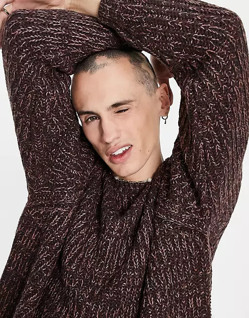 Heavyweight fisherman rib crew neck jumper in burgundy twist