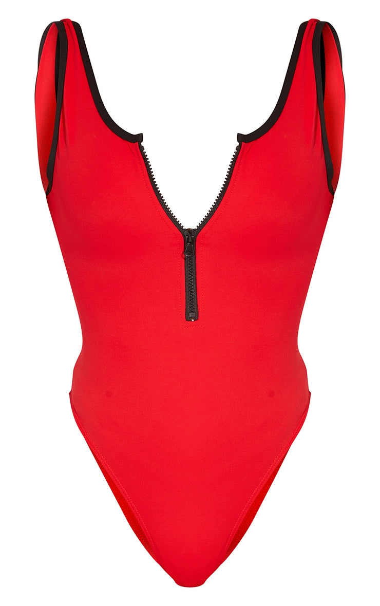 Red Contrast Zip Front Scuba Swimsuit