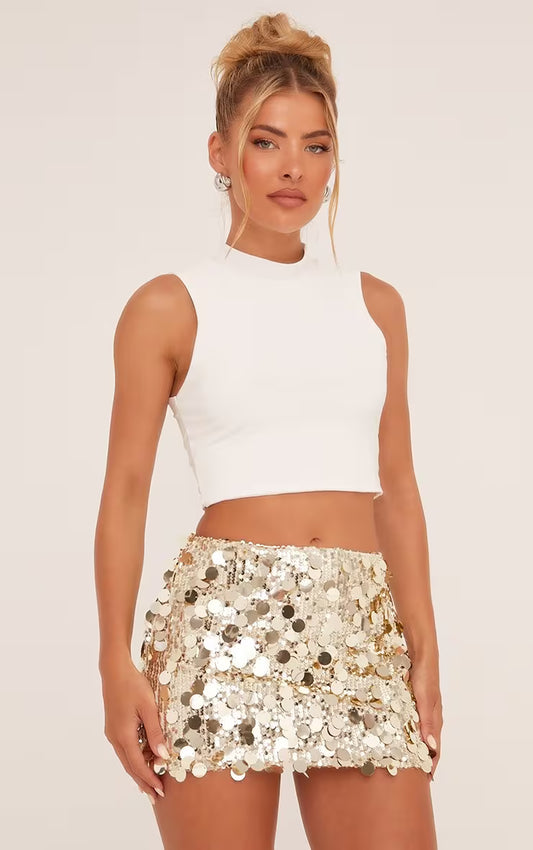 Ego - Mid Rise Disc Sequin Mini Skirt In Gold