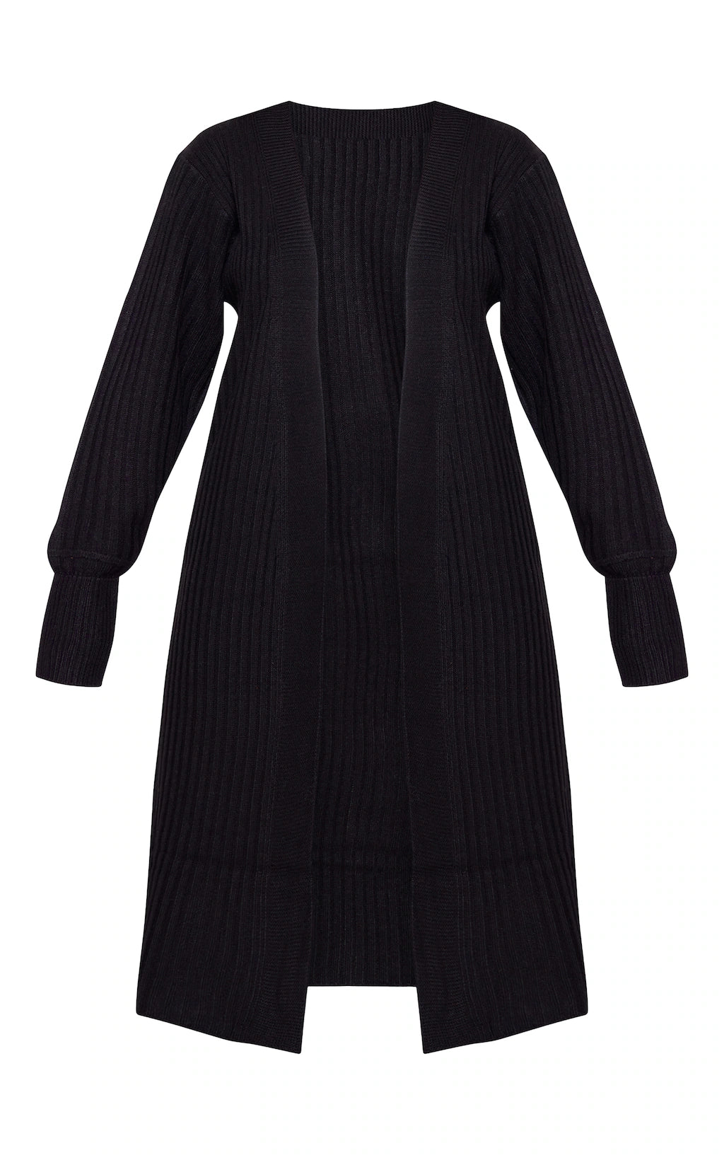 BLACK RIBBED KNITTED MIDI CARDIGAN