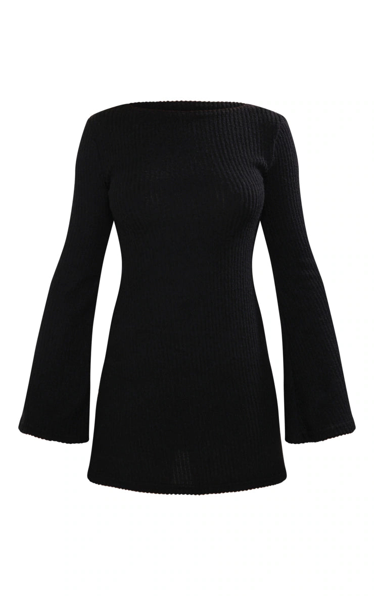 Black Brushed Rib Flared Sleeve Shift Dress