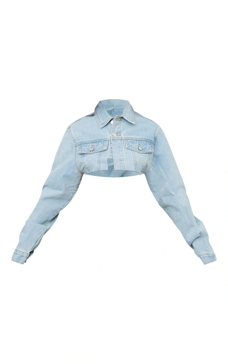 Petite Light Blue Wash Distressed Super Cropped Denim Jacket