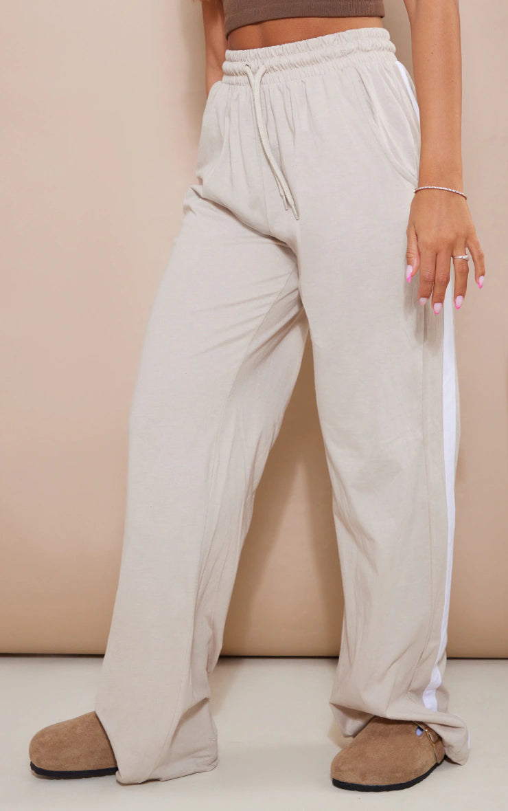 Stone Cotton Side Stripe Wide Leg Joggers