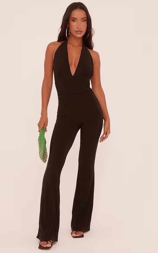 Plunge Halterneck Open Back Jumpsuit In Black Slinky