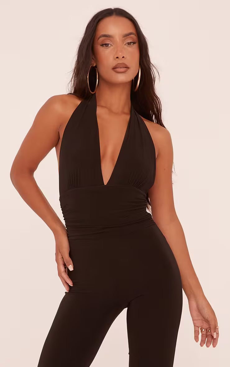 Plunge Halterneck Open Back Jumpsuit In Black Slinky
