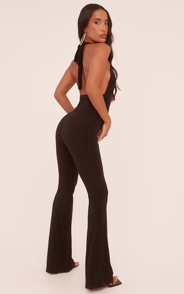 Plunge Halterneck Open Back Jumpsuit In Black Slinky