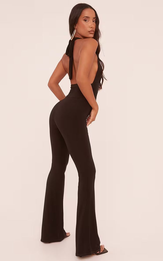 Plunge Halterneck Open Back Jumpsuit In Black Slinky