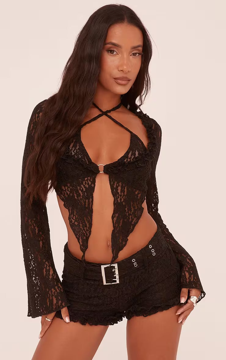 Ego - Flared Long Sleeve Split Hem Top In Black Lace