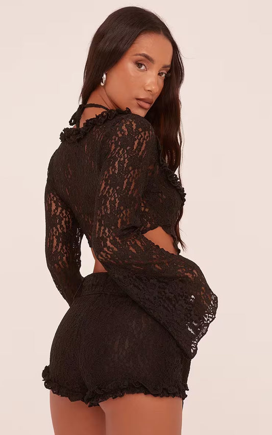 Ego - Flared Long Sleeve Split Hem Top In Black Lace