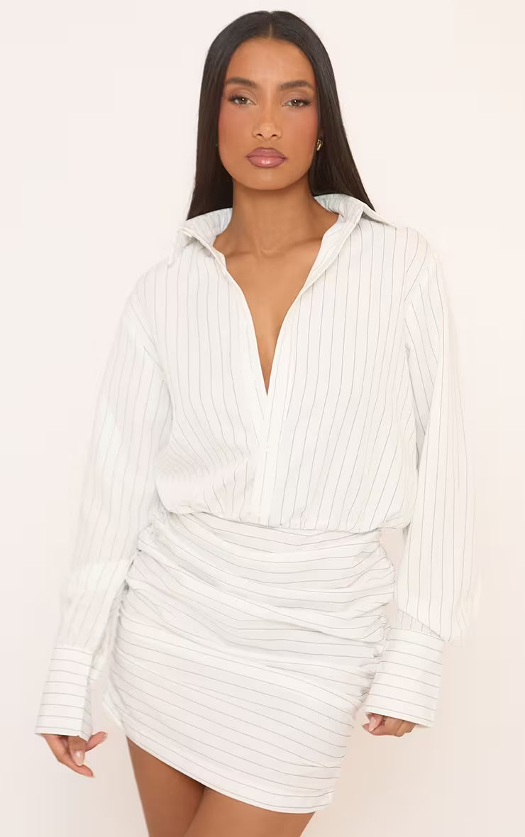 Long Sleeve Ruched Mini Shirt Dress In White Pinstripe