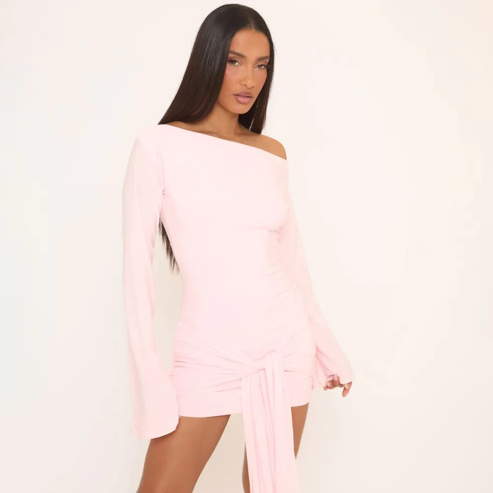 Long Flared Sleeve Drape Detail Mini Bodycon Dress In Pink Slinky