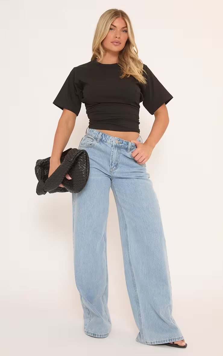 Ego - Short Sleeve Cinched Waist Fitted T-Shirt In Black