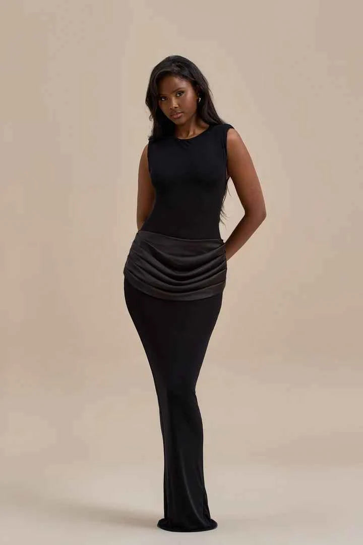 Wanderdoll - EMAN SLEEVELESS MAXI DRESS WITH SATIN DRAPED WAIST DETAIL | BLACK