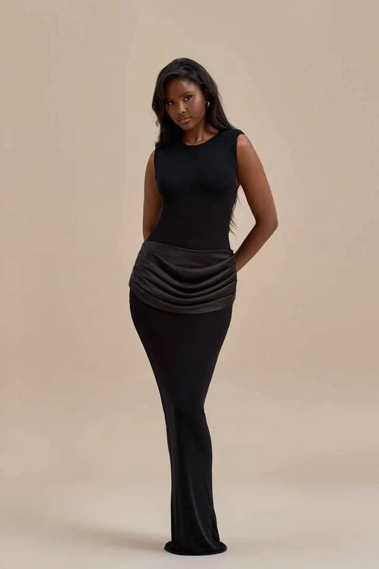 Wanderdoll - EMAN SLEEVELESS MAXI DRESS WITH SATIN DRAPED WAIST DETAIL | BLACK