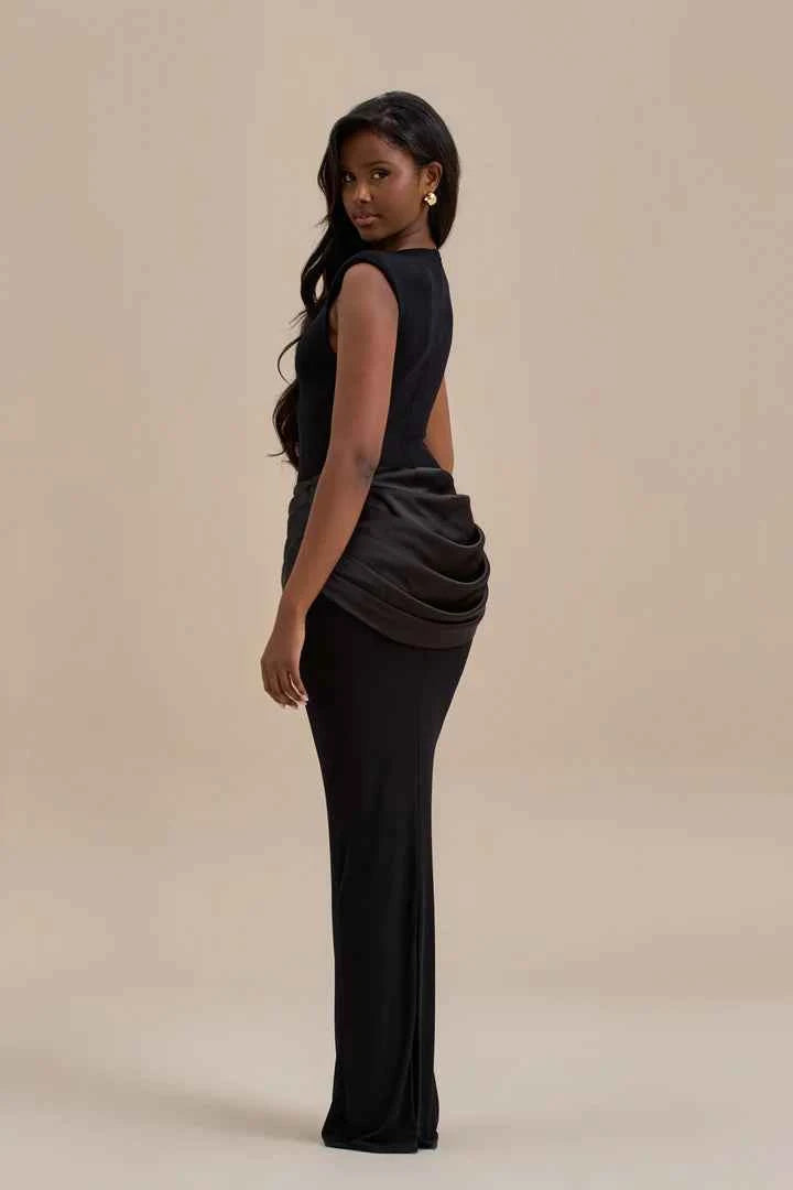 Wanderdoll - EMAN SLEEVELESS MAXI DRESS WITH SATIN DRAPED WAIST DETAIL | BLACK
