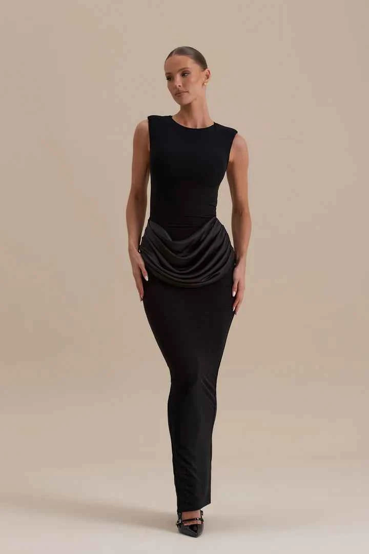 Wanderdoll - EMAN SLEEVELESS MAXI DRESS WITH SATIN DRAPED WAIST DETAIL | BLACK