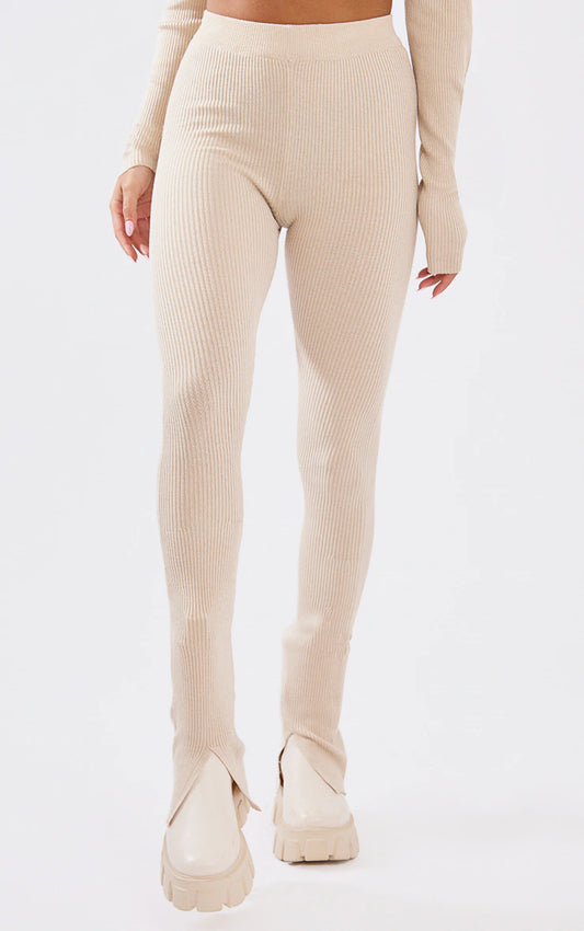 Oatmeal Knitted Split Hem Flare Pants