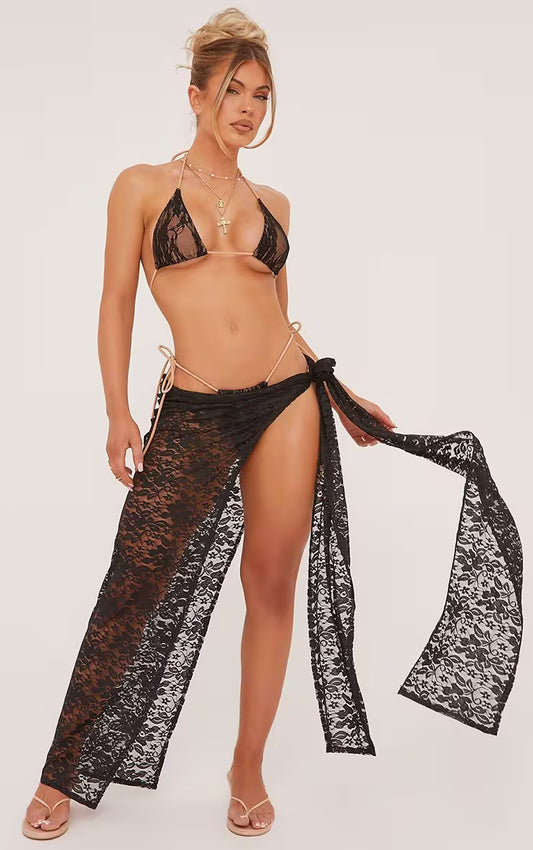 Low Rise Tie Side Beach Maxi Skirt In Black Lace