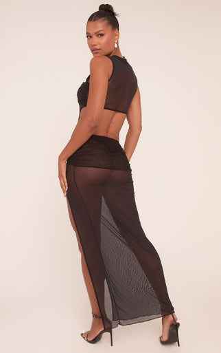 Ego - Sleeveless Ring Detail Cut Out Side Split Maxi Dress In Black Mesh