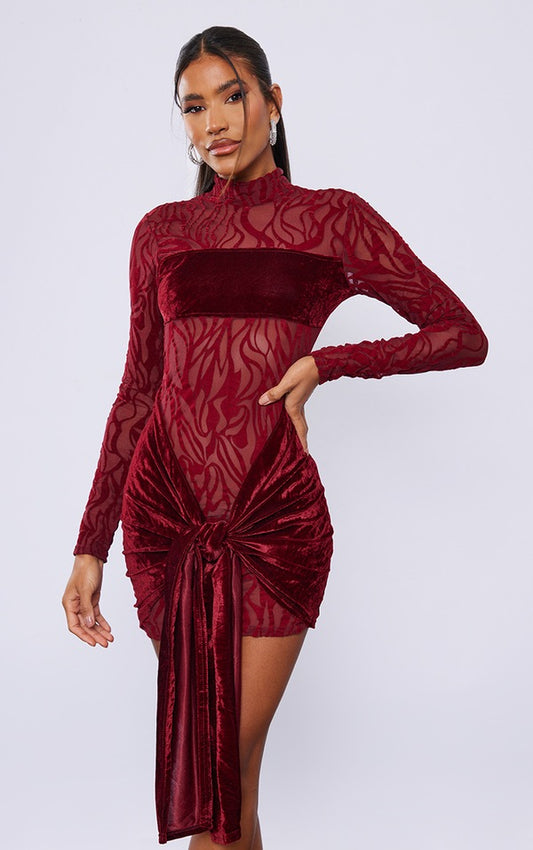Burgundy Flocked Mesh Drape Tie Bodycon Dress