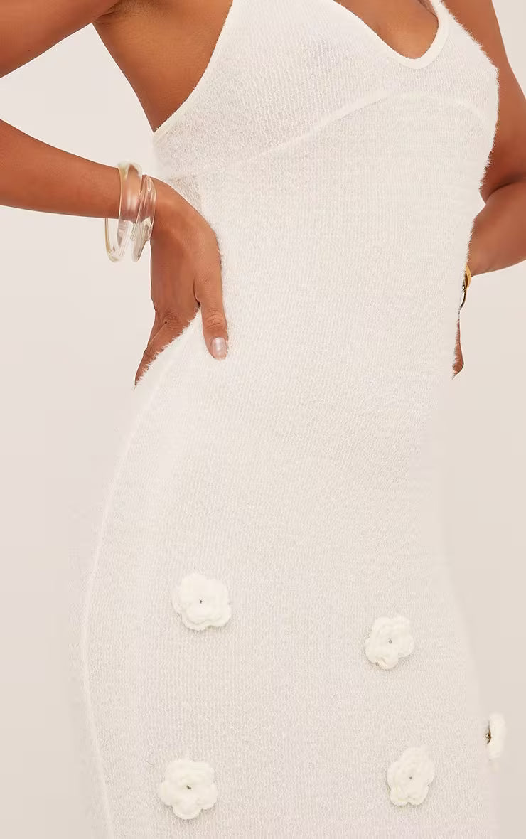 Ego - strappy v neck 3d flower detail maxi dress in cream
