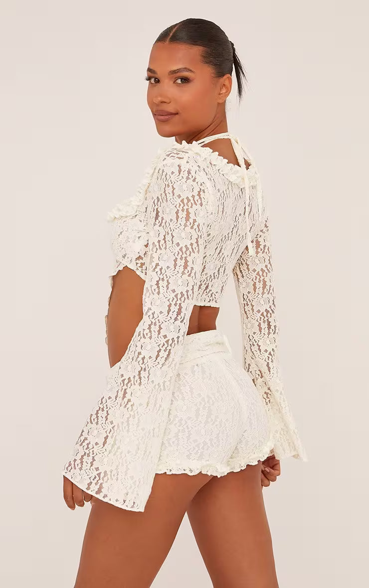 Ego - Flared Long Sleeve Split Hem Top In Cream Lace