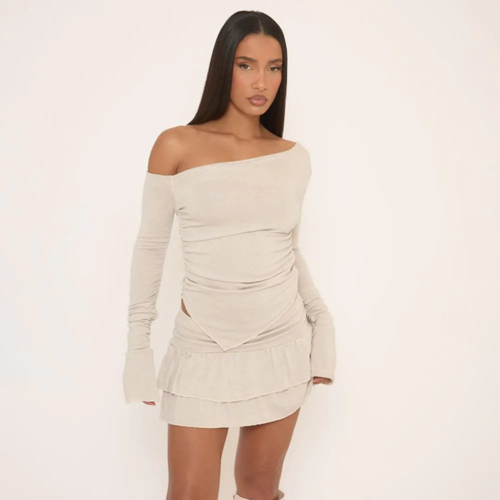 Long Sleeve Off The Shoulder Ruched Asymmetric Top In Stone Soft Knit
