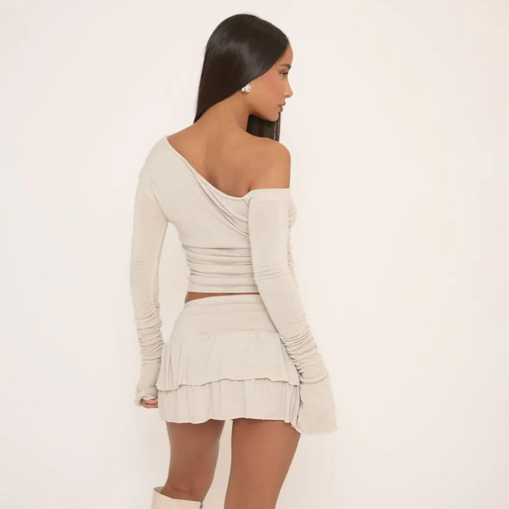 Long Sleeve Off The Shoulder Ruched Asymmetric Top In Stone Soft Knit