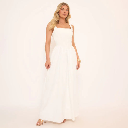 Square Neck Dropped Hem Detail Pleated Maxi Dress In White