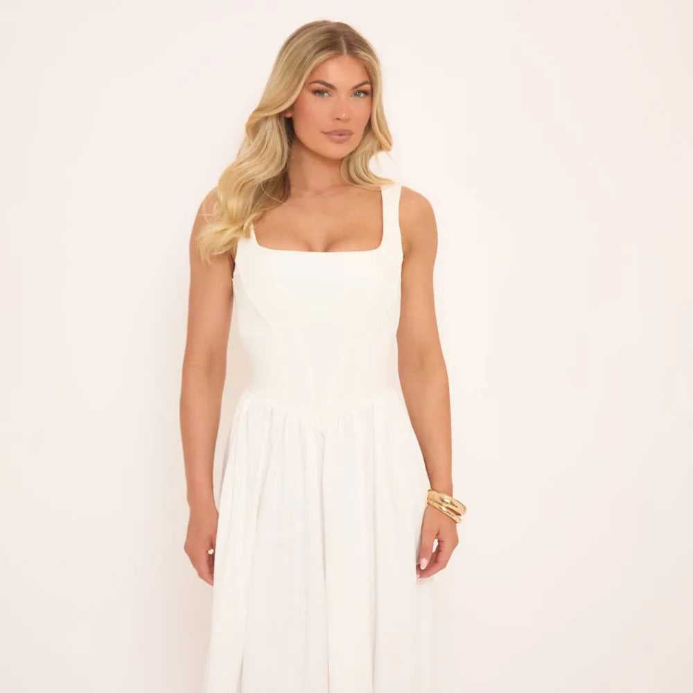 Square Neck Dropped Hem Detail Pleated Maxi Dress In White