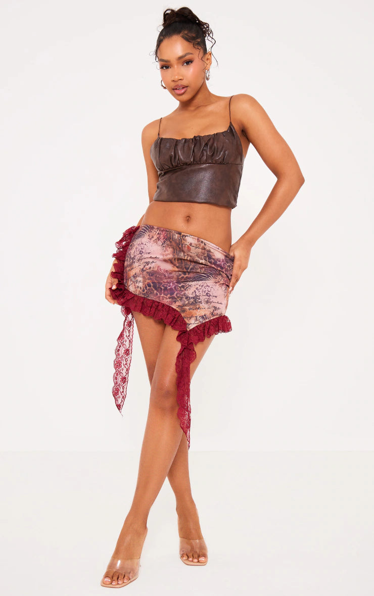 Cherry Red Leopard Print Lace Trim Mini Skirt