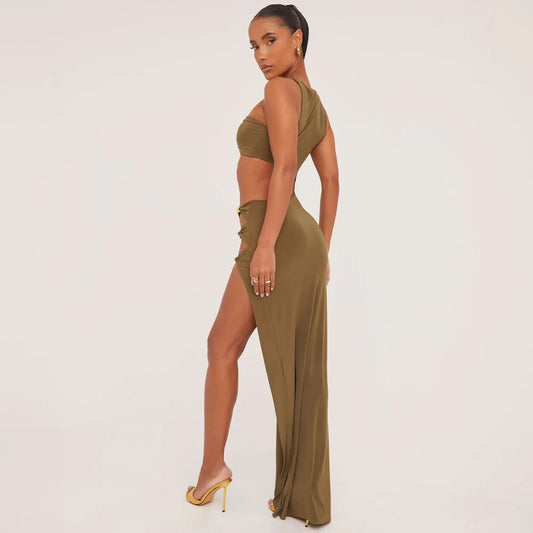 Extreme Cut Out Beaded Detail Split Leg Maxi Dress In Olive Green
